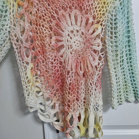 Tempo Paris Womens Large Pastel Crochet Open Knit Floral Pullover Boho Sweater - Picture 5 of 9